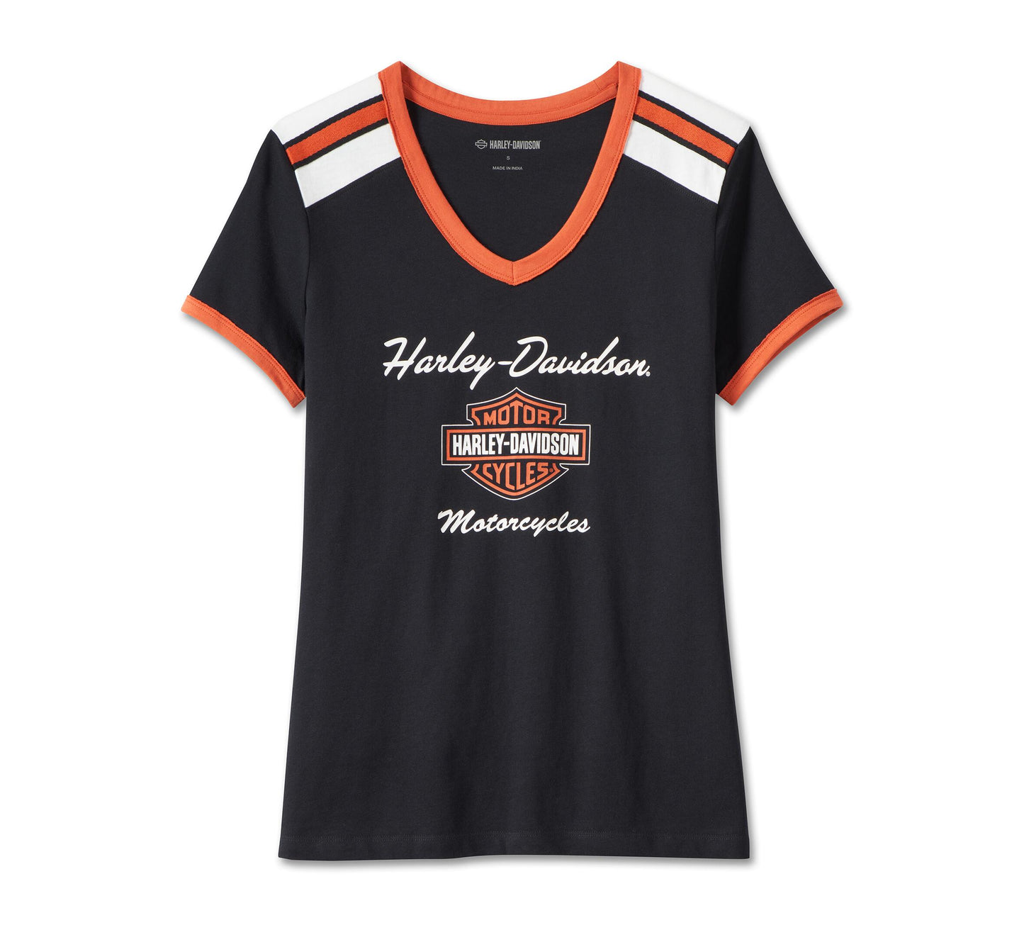 Harley-Davidson® Women’s Iconic V-Neck Shoulder Stripe Tee Black Beauty - 99012-23Vw