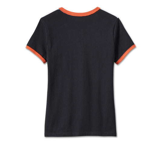 Harley-Davidson® Women’s Iconic V-Neck Shoulder Stripe Tee Black Beauty - 99012-23Vw
