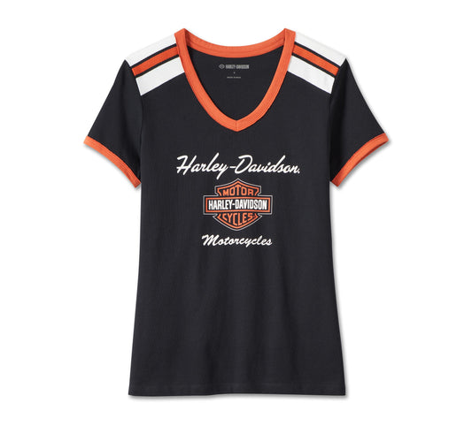 Harley-Davidson® Women’s Iconic V-Neck Shoulder Stripe Tee Black Beauty - 99012-23Vw
