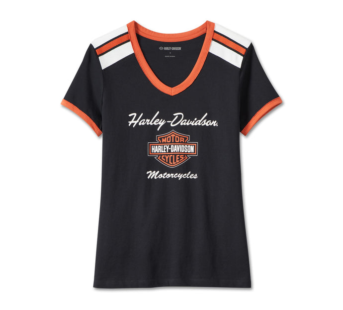 Harley-Davidson® Women's Iconic V-Neck Shoulder Stripe Tee Black Beauty - 99012-23VW