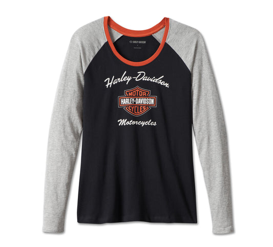 Harley-Davidson® Women’s First-Class Long Sleeve Raglan Tee Colorblock Black Beauty - 99022-23Vw