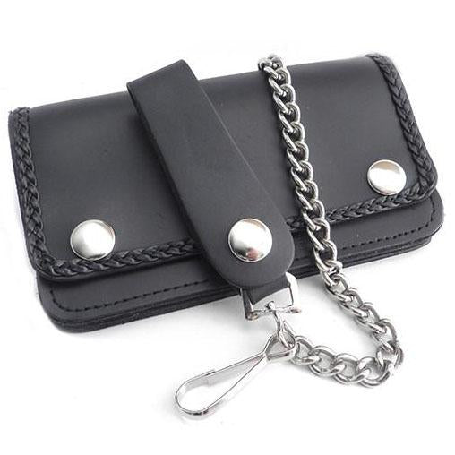 Amigaz Black Leather Biker Chain Wallet With Braided Edge